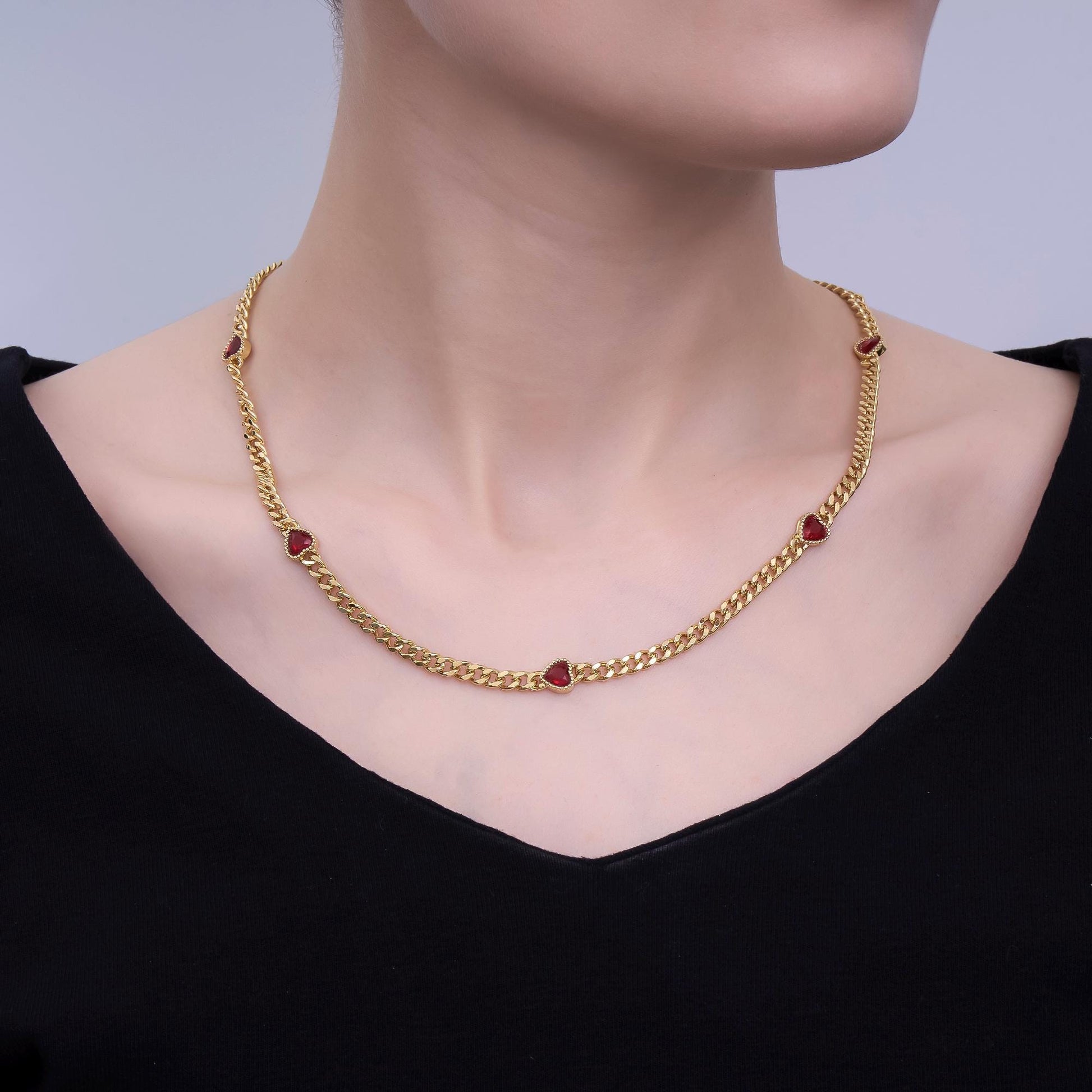 Handmade Colorful 24K Gold Filled 4mm Red Heart CZ Curb Chain 18 Inch Necklace | WA-3087