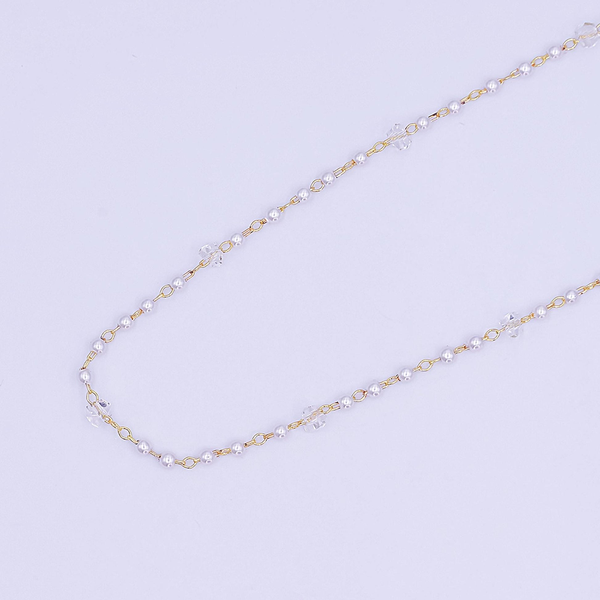 24K Gold Filled 2.8mm Shell Pearl Clear Crystal Link Unfinished Chain by Yard | Roll-1662