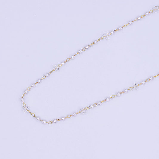 24K Gold Filled 2.8mm Shell Pearl Clear Crystal Link Unfinished Chain by Yard | Roll-1662