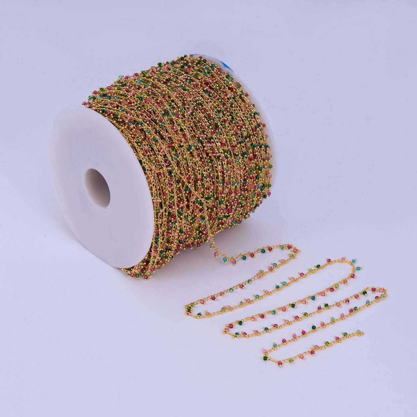24K Gold Filled Multicolor Multifaceted Crystal Bead Ball Unfinished Chain by Yard | Roll-1659