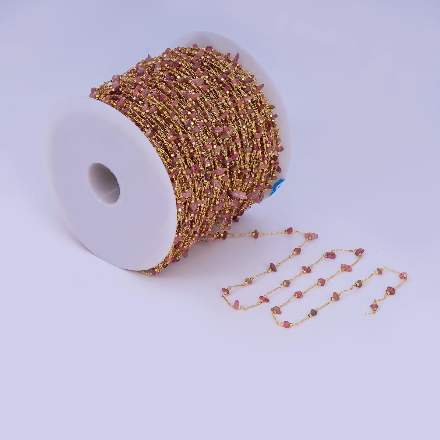 24K Gold Filled Pink Tourmaline Crystal Gemstone Link Unfinished Chain by Yard | Roll-1660