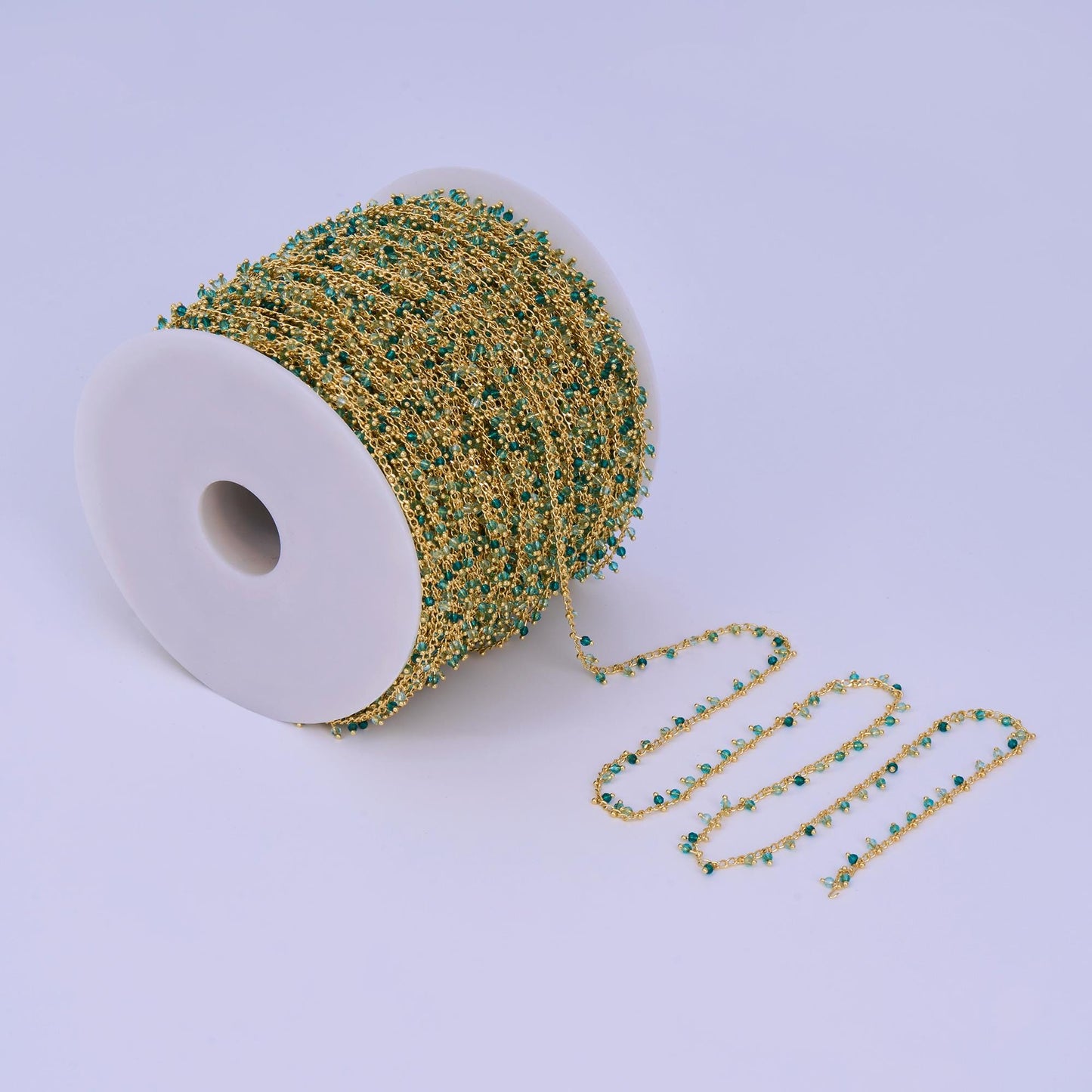 24K Gold Filled Teal Green Multifaceted Crystal Drop Link Unfinished Chain by Yard | Roll-1663