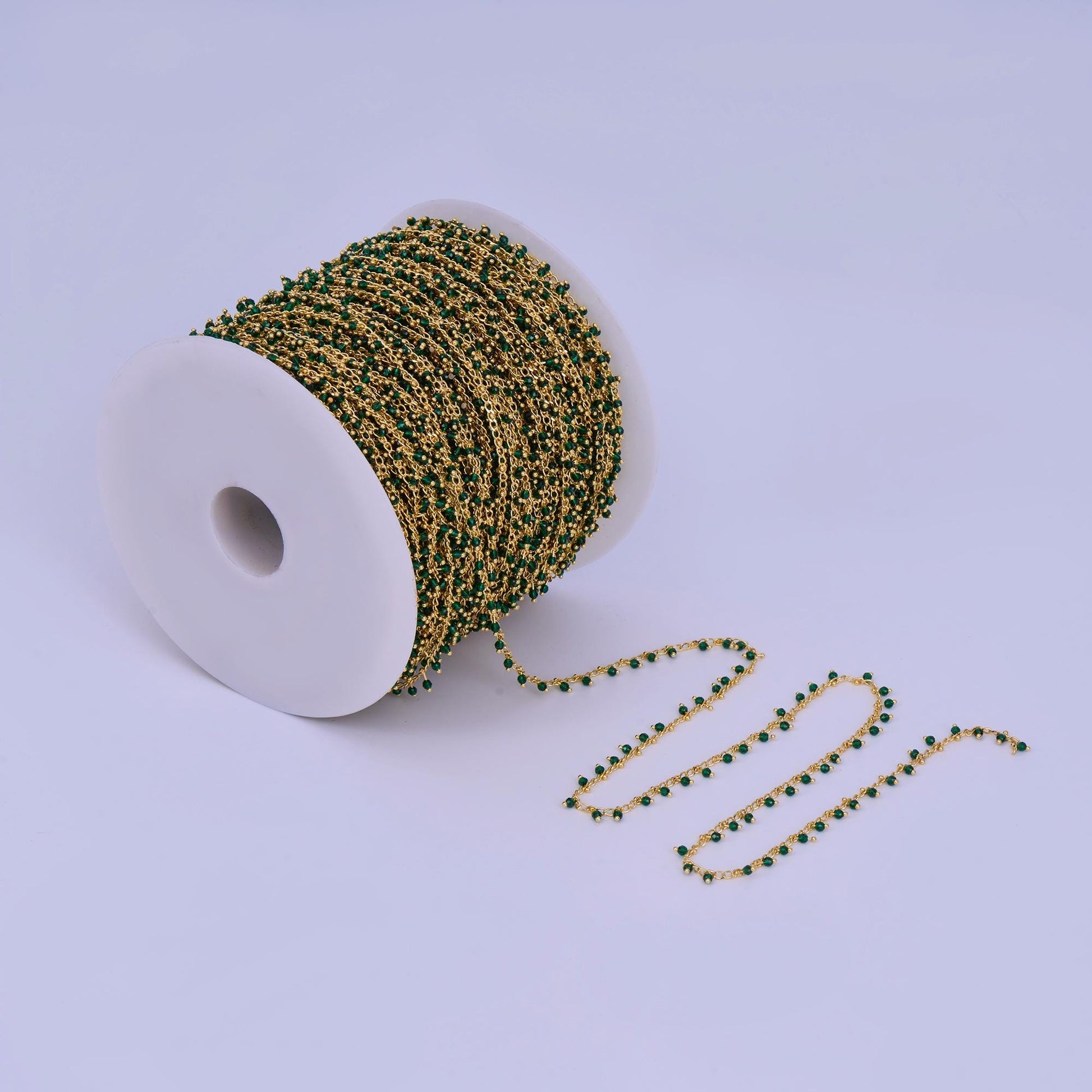 24K Gold Filled Dark Green Multifaceted Crystal Drop Link Unfinished Chain by Yard | Roll-1665