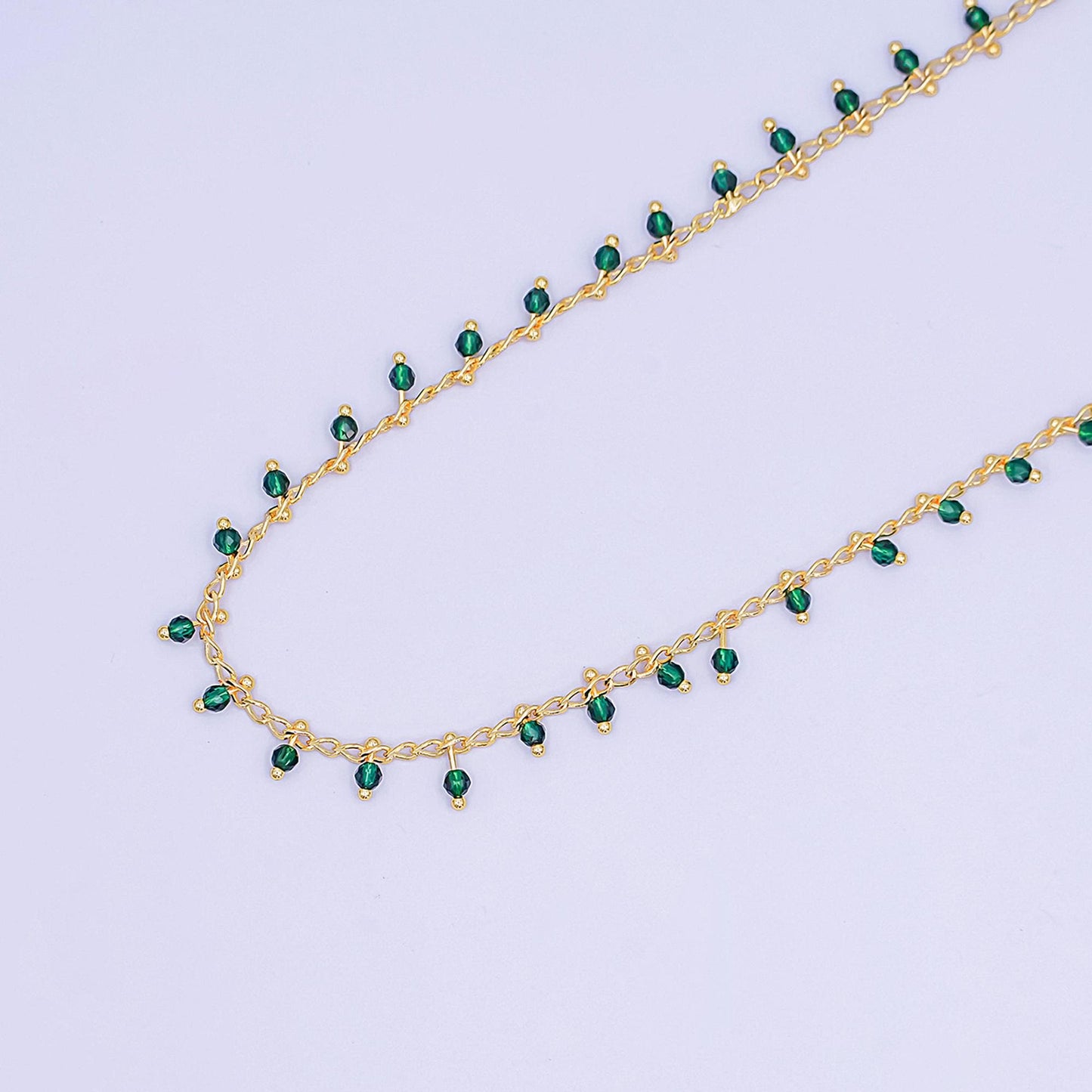 24K Gold Filled Dark Green Multifaceted Crystal Drop Link Unfinished Chain by Yard | Roll-1665