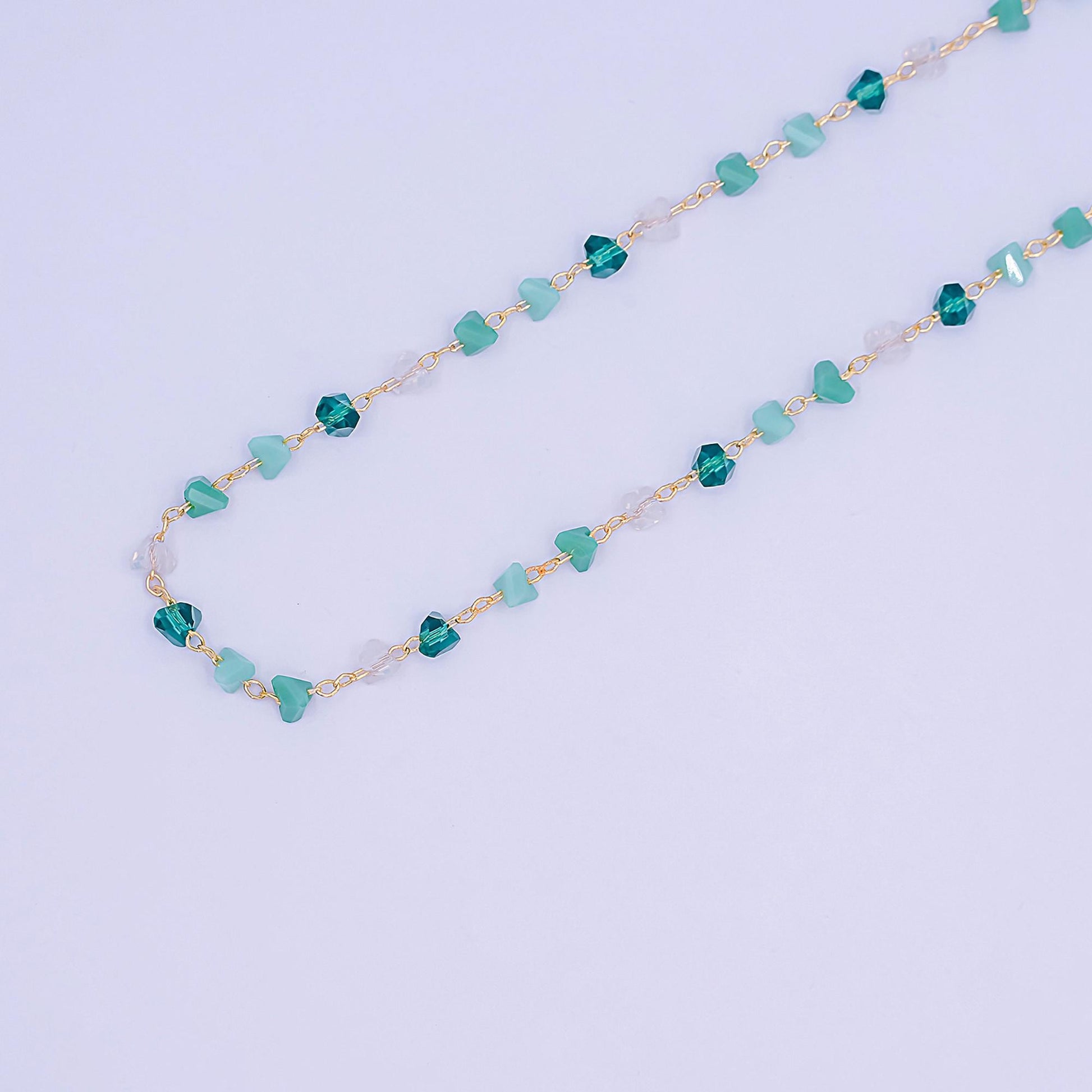 24K Gold Filled Green Teal Multifaceted Crystal Link Unfinished Chain by Yard | Roll-1656