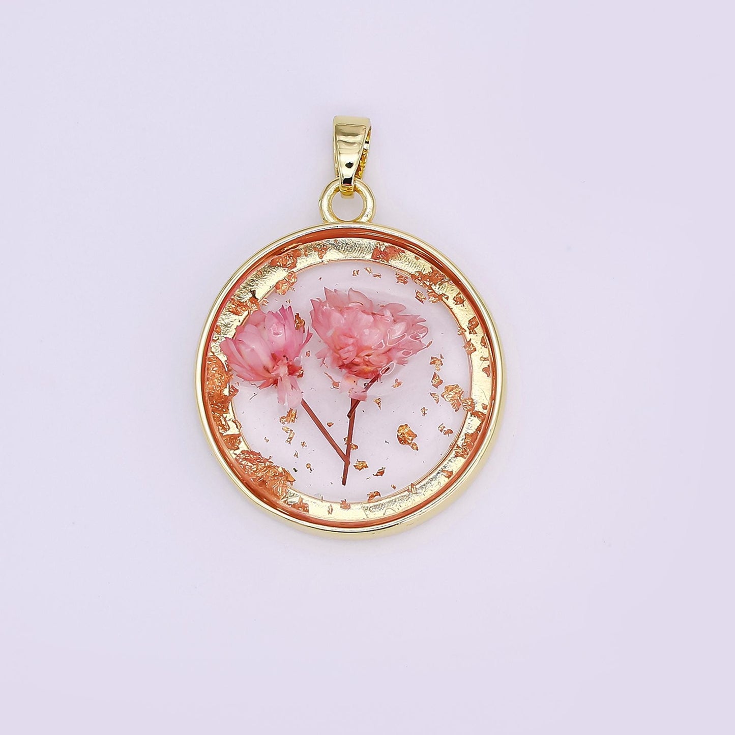 24K Gold Filled Pink Red Rose Flower Acrylic Round Pendant Pressed Floral Charm | AA1507