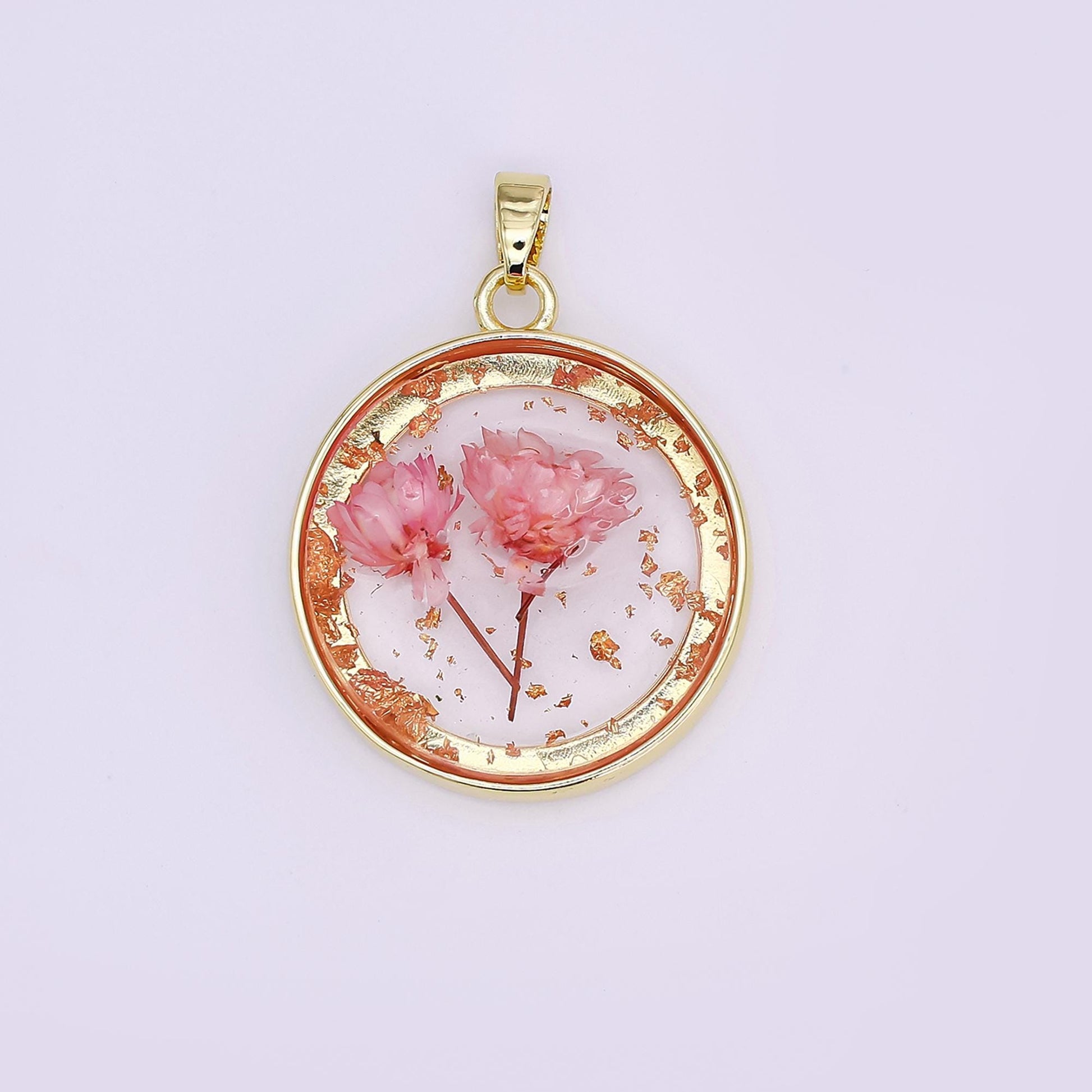 24K Gold Filled Pink Red Rose Flower Acrylic Round Pendant Pressed Floral Charm | AA1507