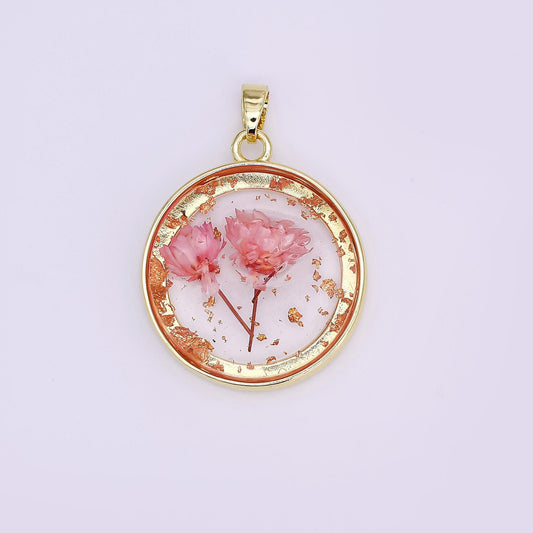 24K Gold Filled Pink Red Rose Flower Acrylic Round Pendant Pressed Floral Charm | AA1507