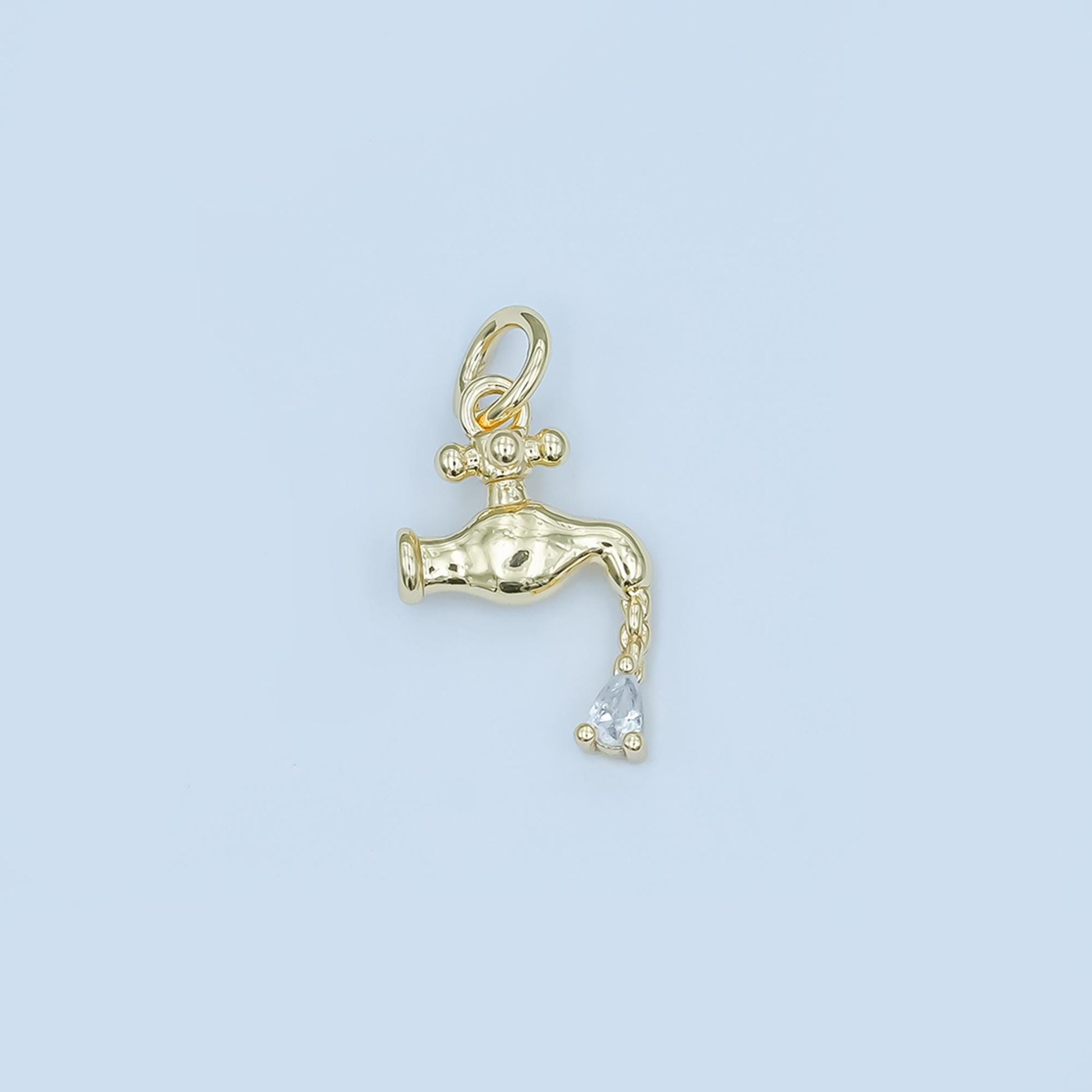 18K Gold Filled Faucet Pendant with CZ Water Drop, Unique Plumbing Charm, DIY Jewelry Making Supplies for Bracelet and Necklace E349