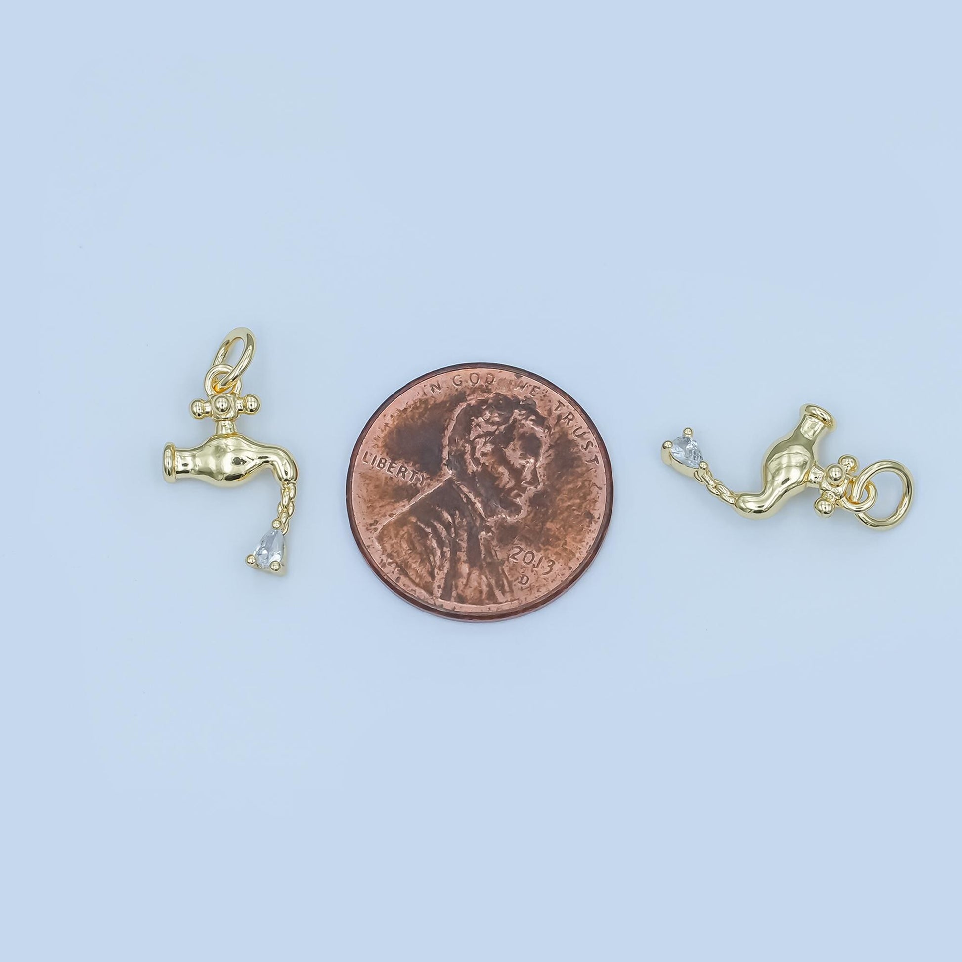 18K Gold Filled Faucet Pendant with CZ Water Drop, Unique Plumbing Charm, DIY Jewelry Making Supplies for Bracelet and Necklace E349