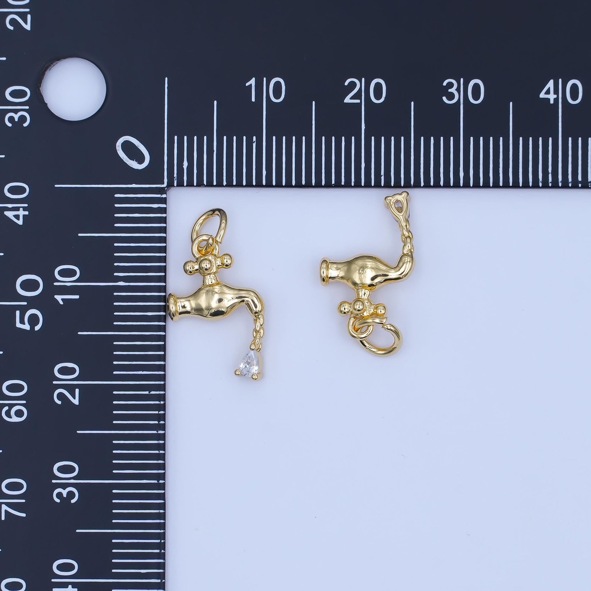 18K Gold Filled Faucet Pendant with CZ Water Drop, Unique Plumbing Charm, DIY Jewelry Making Supplies for Bracelet and Necklace E349