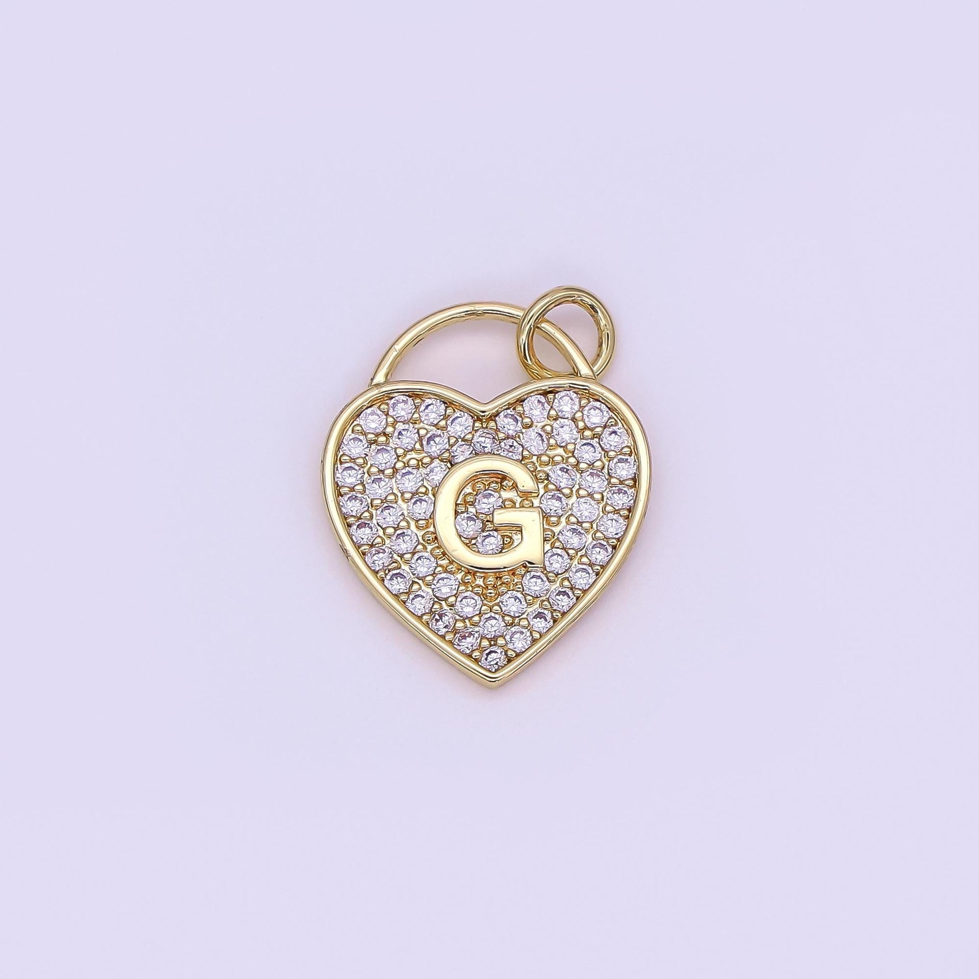24K Gold Filled Letter Initial Micro Paved CZ Heart Padlock Charm | AF001 - AF013