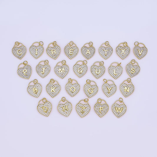 24K Gold Filled Letter Initial Micro Paved CZ Heart Padlock Charm | AF001 - AF013