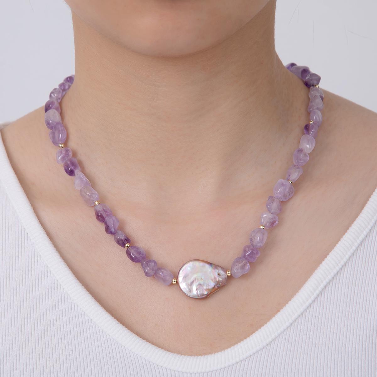 Chunky Purple Amethyst beaded necklace - 17.5" Gemstone necklace healing crystals handmade jewelry with Pearl Charm WA-1116