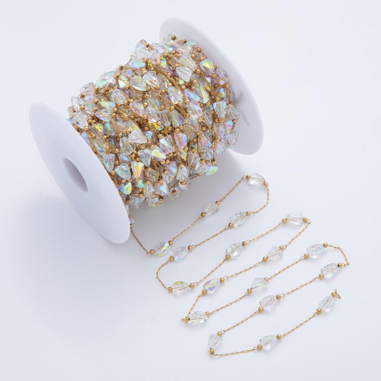 Stainless Steel Clear AB Multifaceted Irregular Crystal Paperclip Unfinished Chain by Yard | Roll-1606