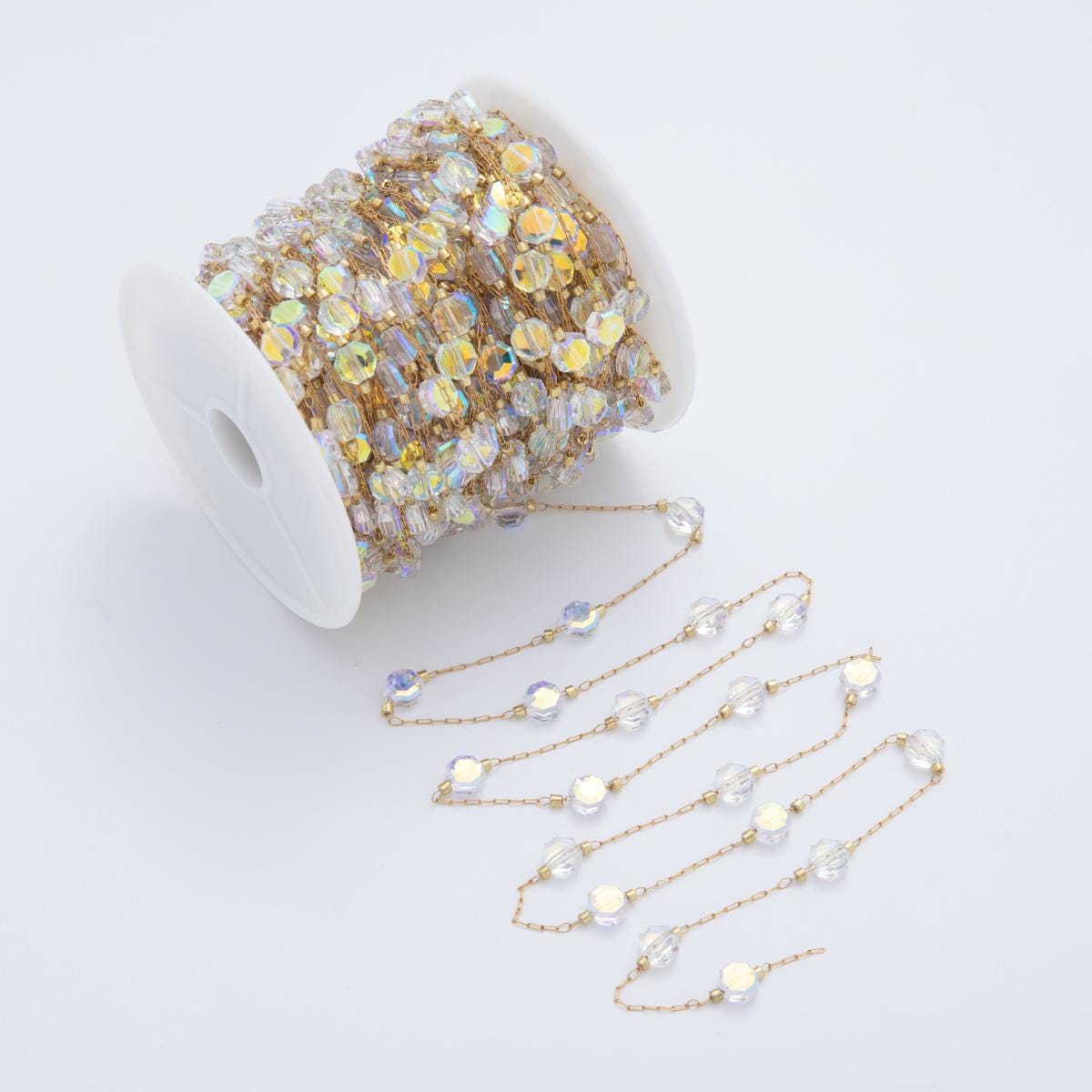 Stainless Steel Clear AB Multifaceted Octagon Crystal Paperclip Unfinished Chain by Yard | Roll-1608