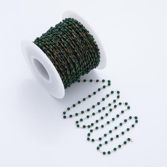 Pvd Gold Plated Stainless Steel Dark Green Crystal Link Unfinished Chain by Yard | Roll-1611