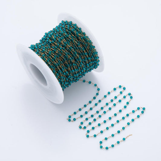 Pvd Gold Plated Stainless Steel Aqua Blue Crystal Link Unfinished Chain by Yard | Roll-1612