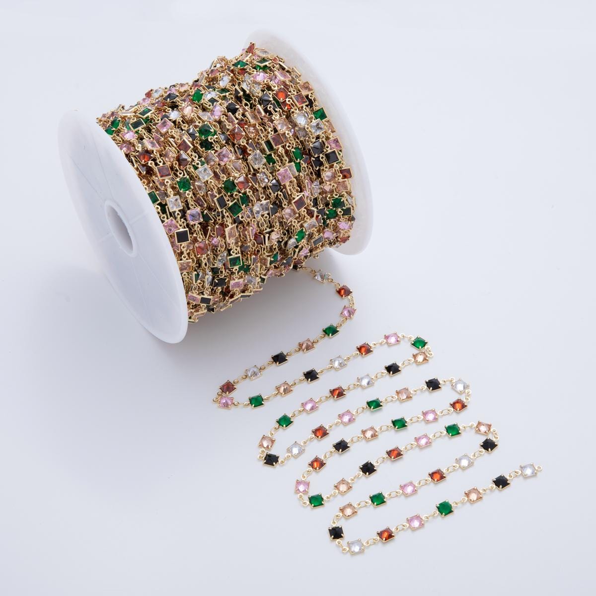 16K Gold Filled Square CZ Multicolor Chain Unfinished Chain by Yard | Roll-1604