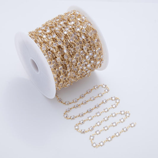 16K Gold Filled Dainty Square Bezel Cut Chain by Yard, Wholesale Gold Sequin Chain CZ Bezel Cut Chain for Jewelry Making | ROLL-1603