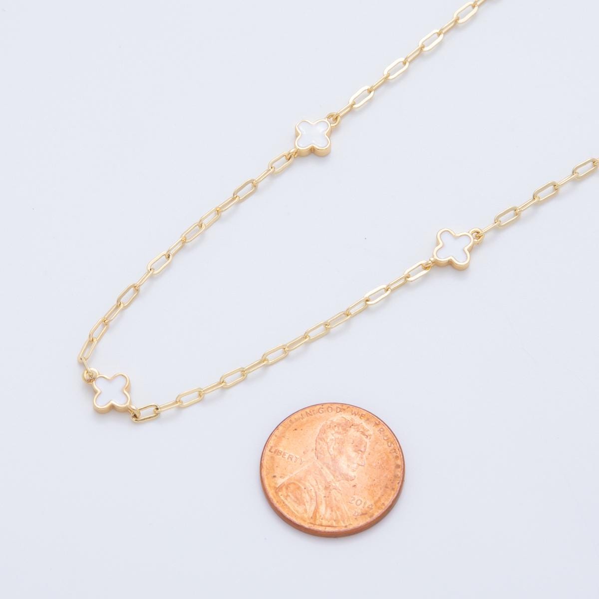 16K Gold fill Dainty Four-Leaf Lucky Quatrefoil Chain by Yard, Wholesale White Enamel Satellite Chain for Jewelry Making | ROLL-1592