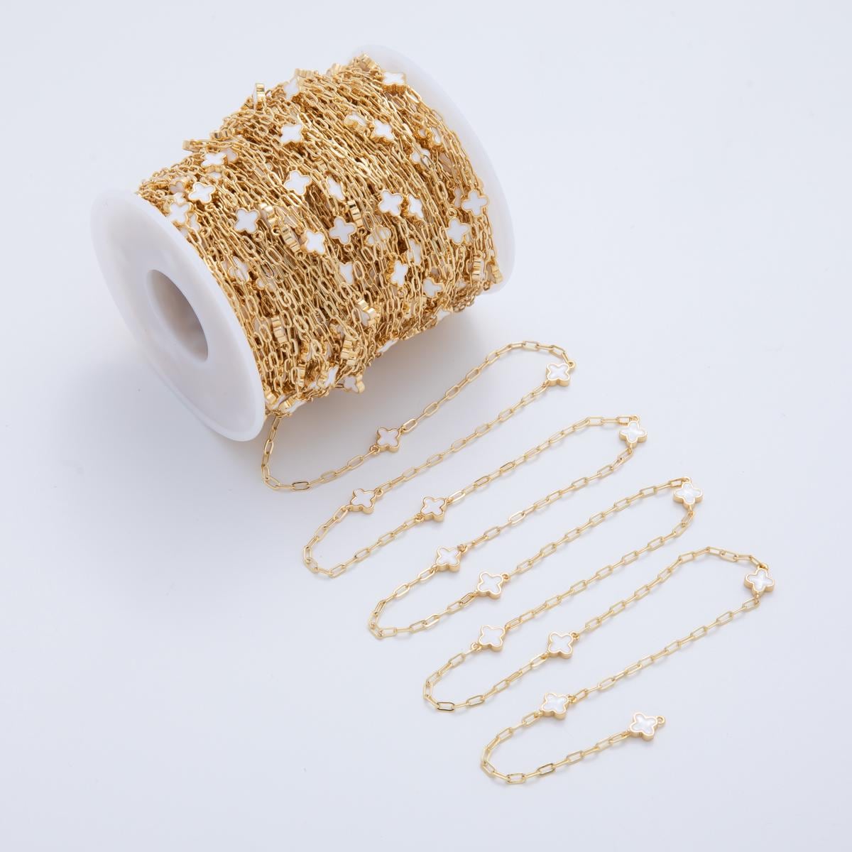 16K Gold fill Dainty Four-Leaf Lucky Quatrefoil Chain by Yard, Wholesale White Enamel Satellite Chain for Jewelry Making | ROLL-1592