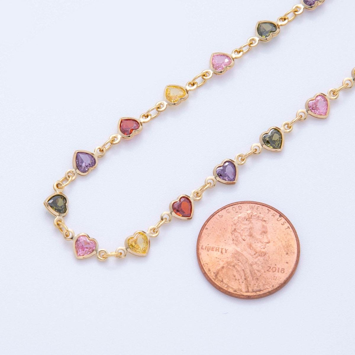 Multi Color Heart Chain, Gold Filled Micro Pave Heart Charm Chain by Yard Colorful cz Heart Chain for Jewelry Making Supply ROLL-1601