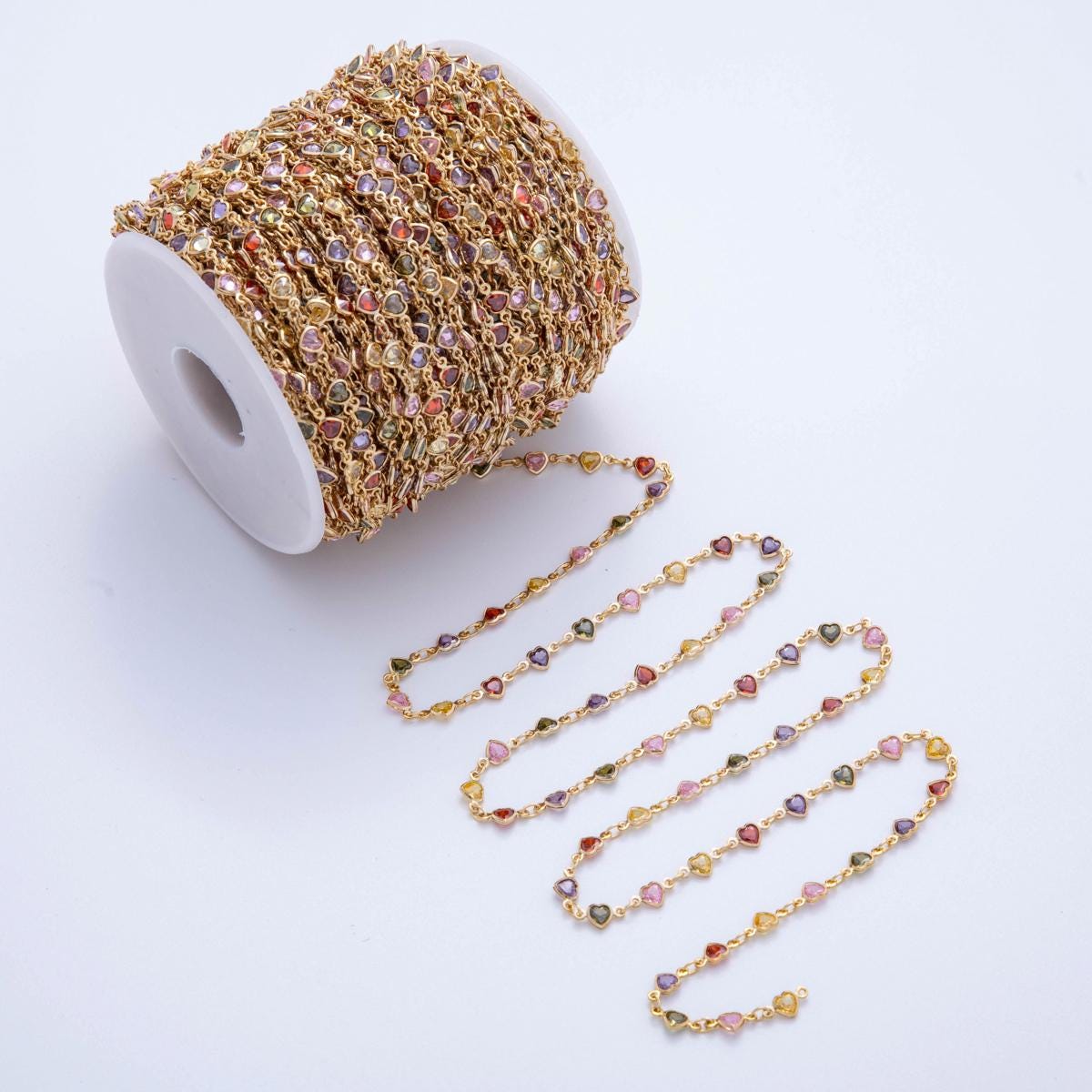 Multi Color Heart Chain, Gold Filled Micro Pave Heart Charm Chain by Yard Colorful cz Heart Chain for Jewelry Making Supply ROLL-1601