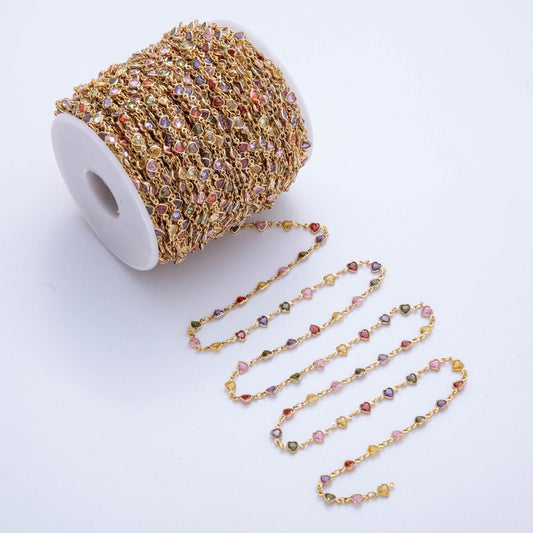 Multi Color Heart Chain, Gold Filled Micro Pave Heart Charm Chain by Yard Colorful cz Heart Chain for Jewelry Making Supply ROLL-1601