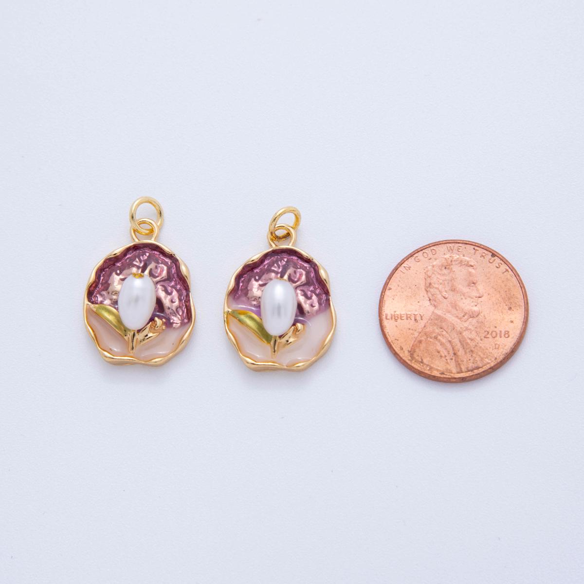 18K Gold Filled Enamel Tulip Flower Pearl Floral Bud Charm in Gold | AF-383