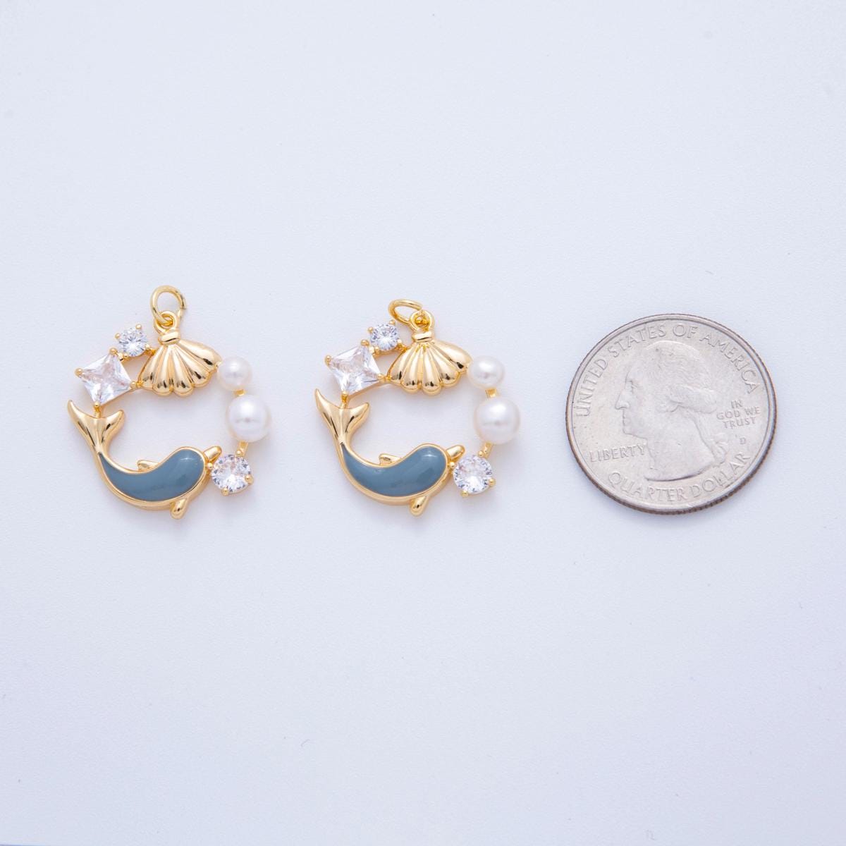 18k gold filled Dolphin Charm Shell Clam Pearl with Clear micro paved cz pearl mermaid Beach Under the Sea inspired | AF-385