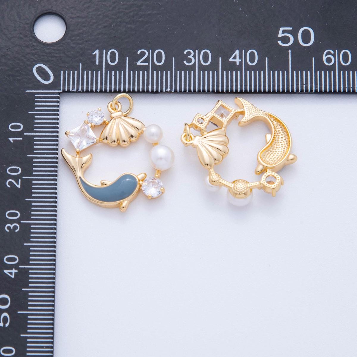 18k gold filled Dolphin Charm Shell Clam Pearl with Clear micro paved cz pearl mermaid Beach Under the Sea inspired | AF-385