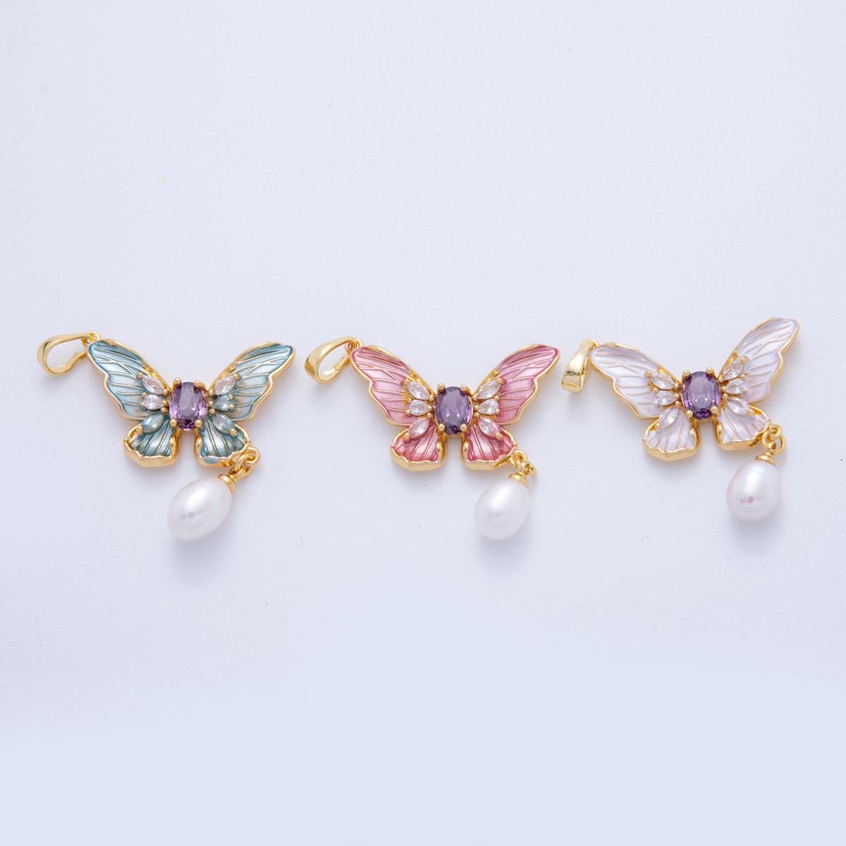 Dainty 18K Gold Filled Monarch Butterfly Charm Enamel Pendant with Pearl Drop for Jewelry Making AH-759