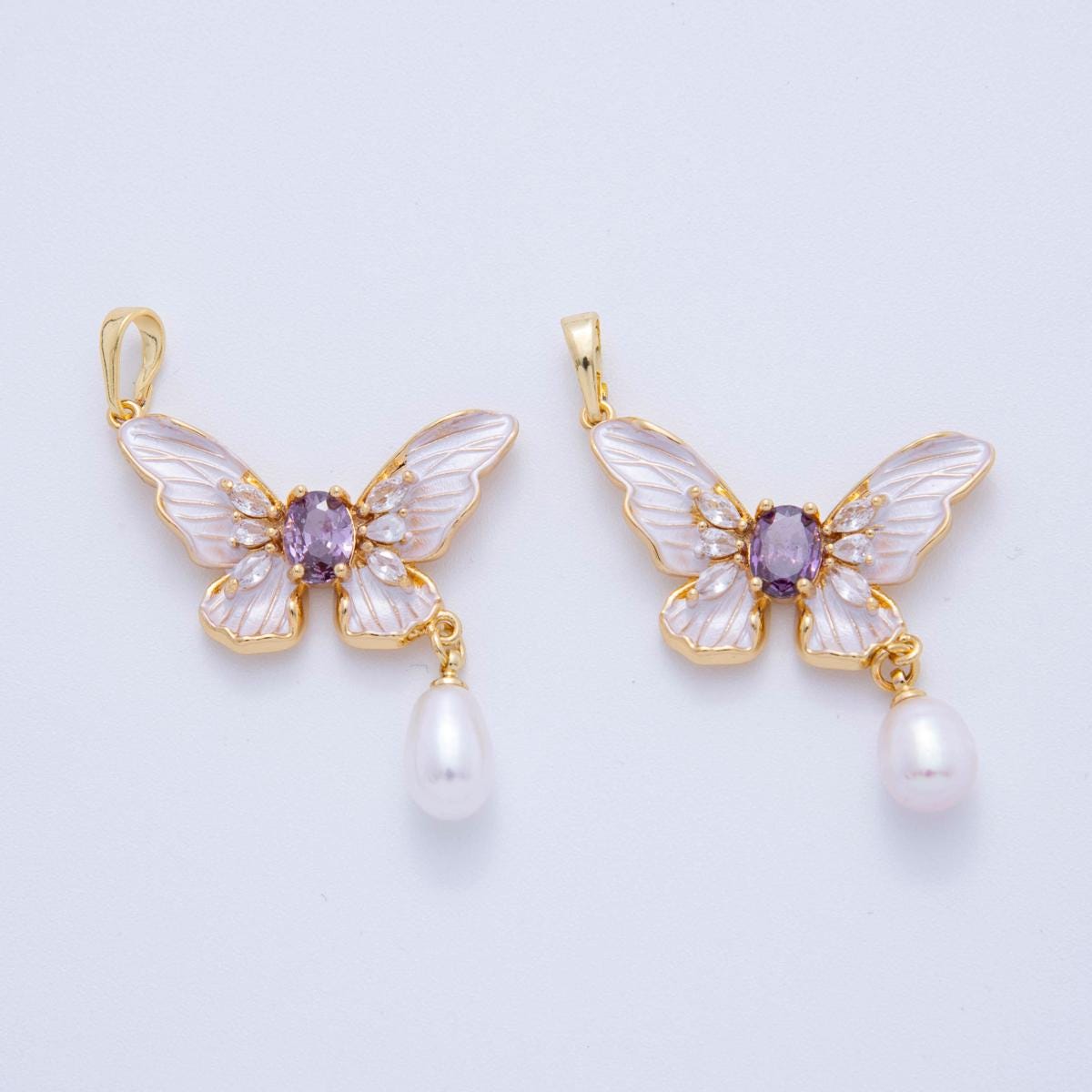 Dainty 18K Gold Filled Monarch Butterfly Charm Enamel Pendant with Pearl Drop for Jewelry Making AH-759