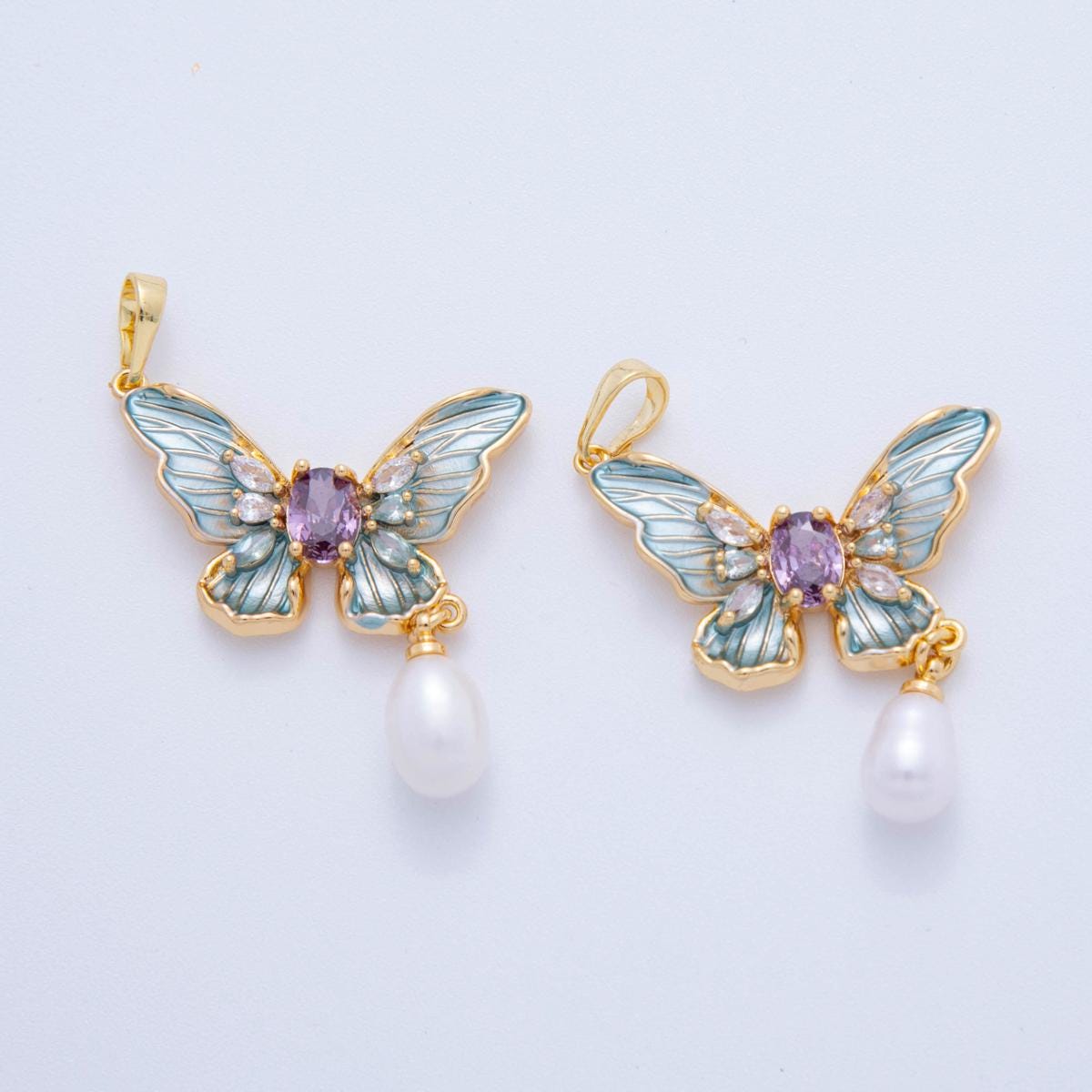 Dainty 18K Gold Filled Monarch Butterfly Charm Enamel Pendant with Pearl Drop for Jewelry Making AH-759