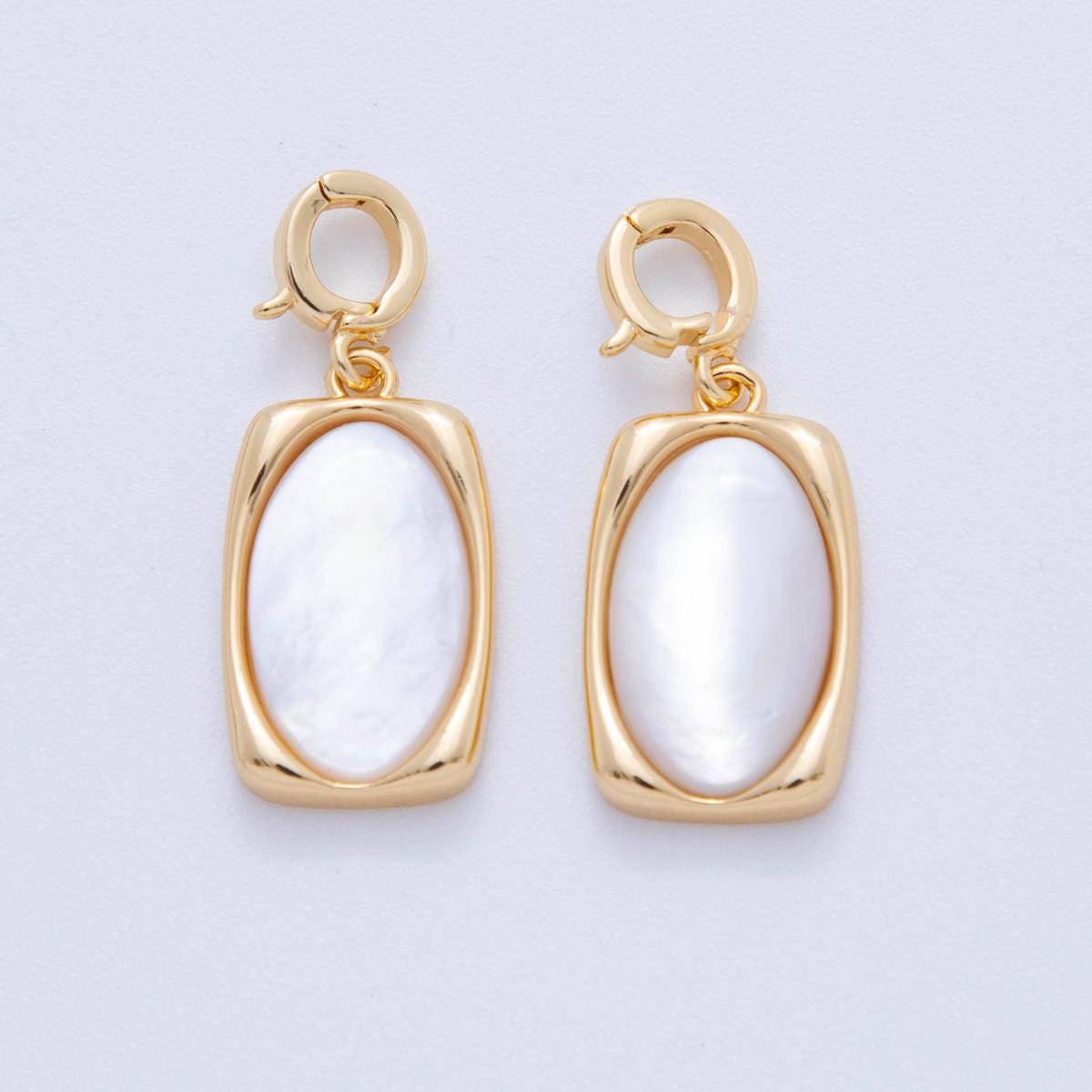 18K Gold Filled Rectangle White Shell Pearl Oval Tag Charm Pendant with Enhancer Bail for Necklace | AH-756