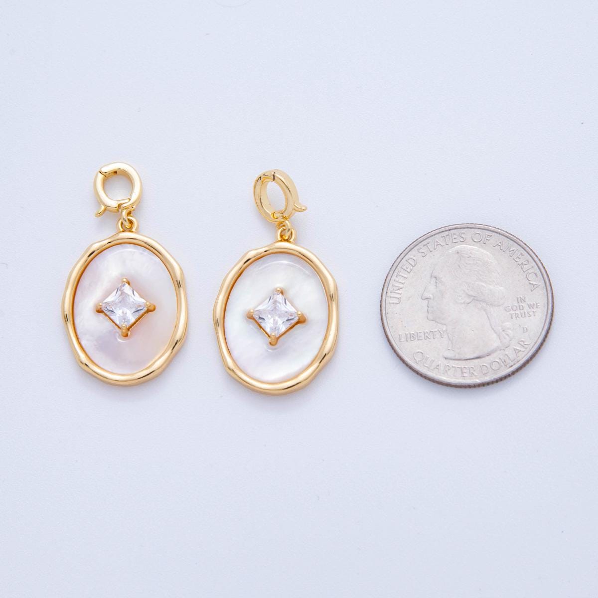 Gold Oval Drop Charm with Shell Pearl and Princess Cut CZ 18K Gold Filled Modern Charm with Enhancer Bail for Necklace | AH-758