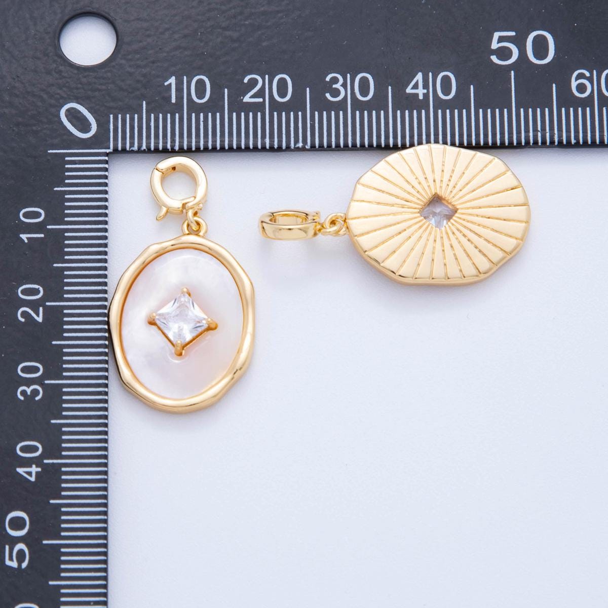Gold Oval Drop Charm with Shell Pearl and Princess Cut CZ 18K Gold Filled Modern Charm with Enhancer Bail for Necklace | AH-758