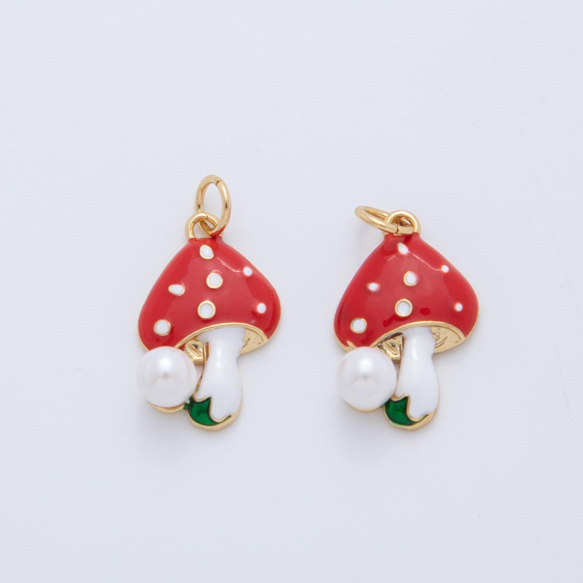 Gold Pearl Mushroom Charms 18K Gold Filled Enamel Red Mushroom Pendant Shroomie Charm Bracelet Necklace for DIY Jewelry Making Supply AF-406