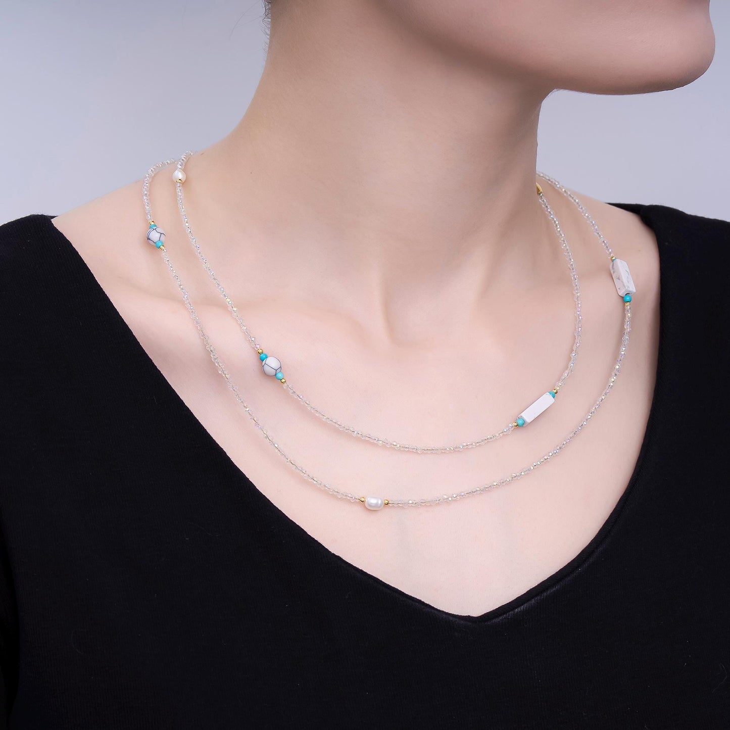 24K Gold Filled Shell Pearl White Howlite Clear Crystal Gemstone 40 Inches Necklace | WA-3078