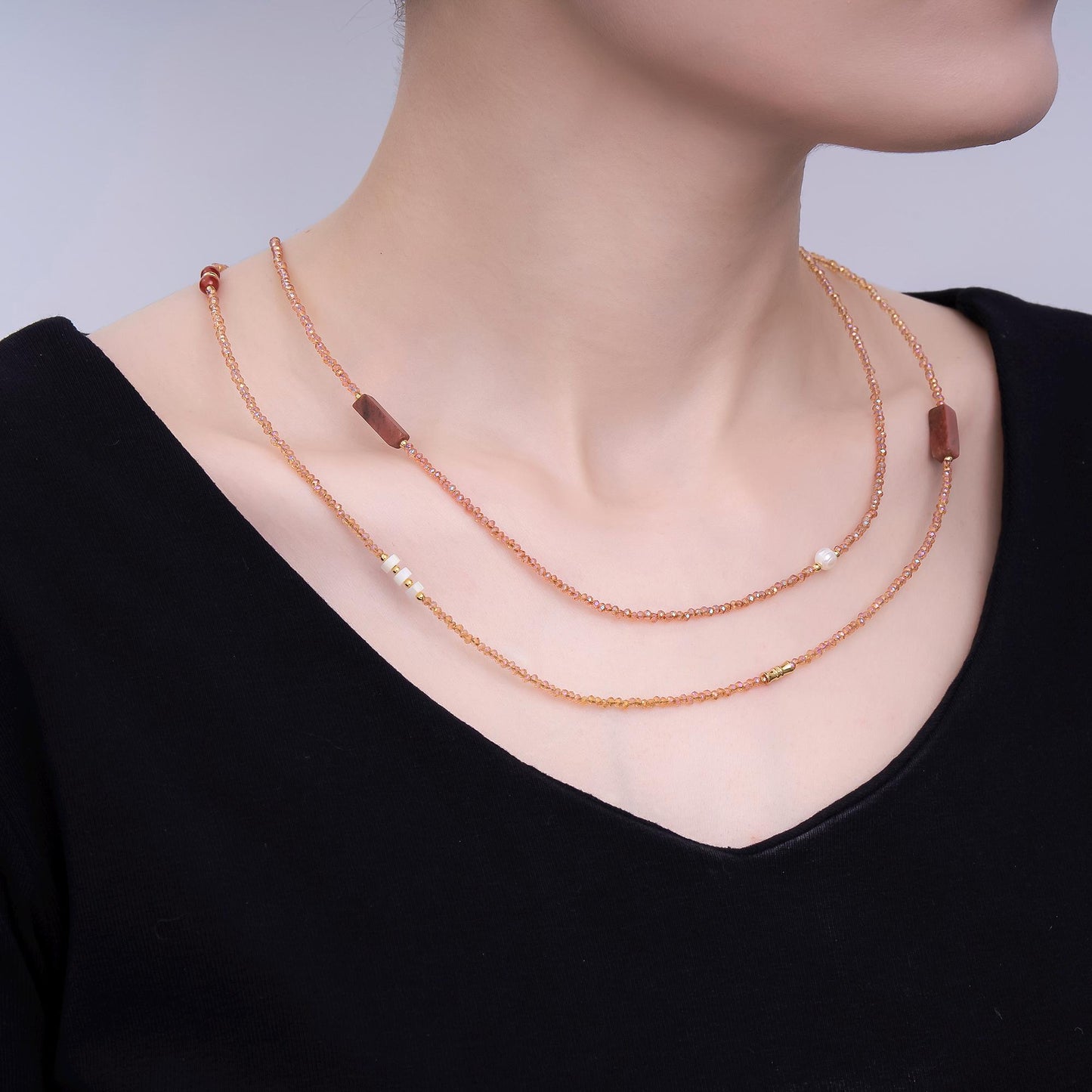 24K Gold Filled Shell Pearl Red Carnelian Orange Crystal Gemstone 40 Inches Necklace | WA-3076