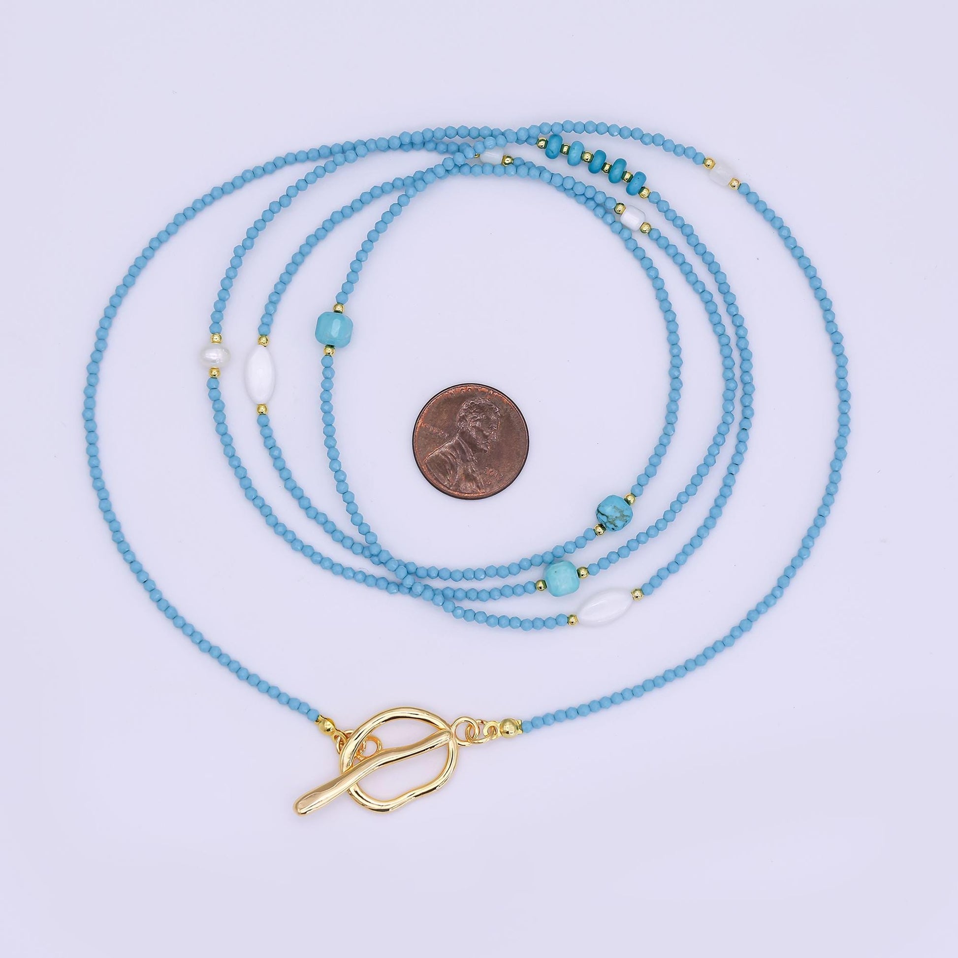 24K Gold Filled Shell Pearl Turquoise Blue Multifaceted Gemstone 40 Inches Necklace | WA-3080