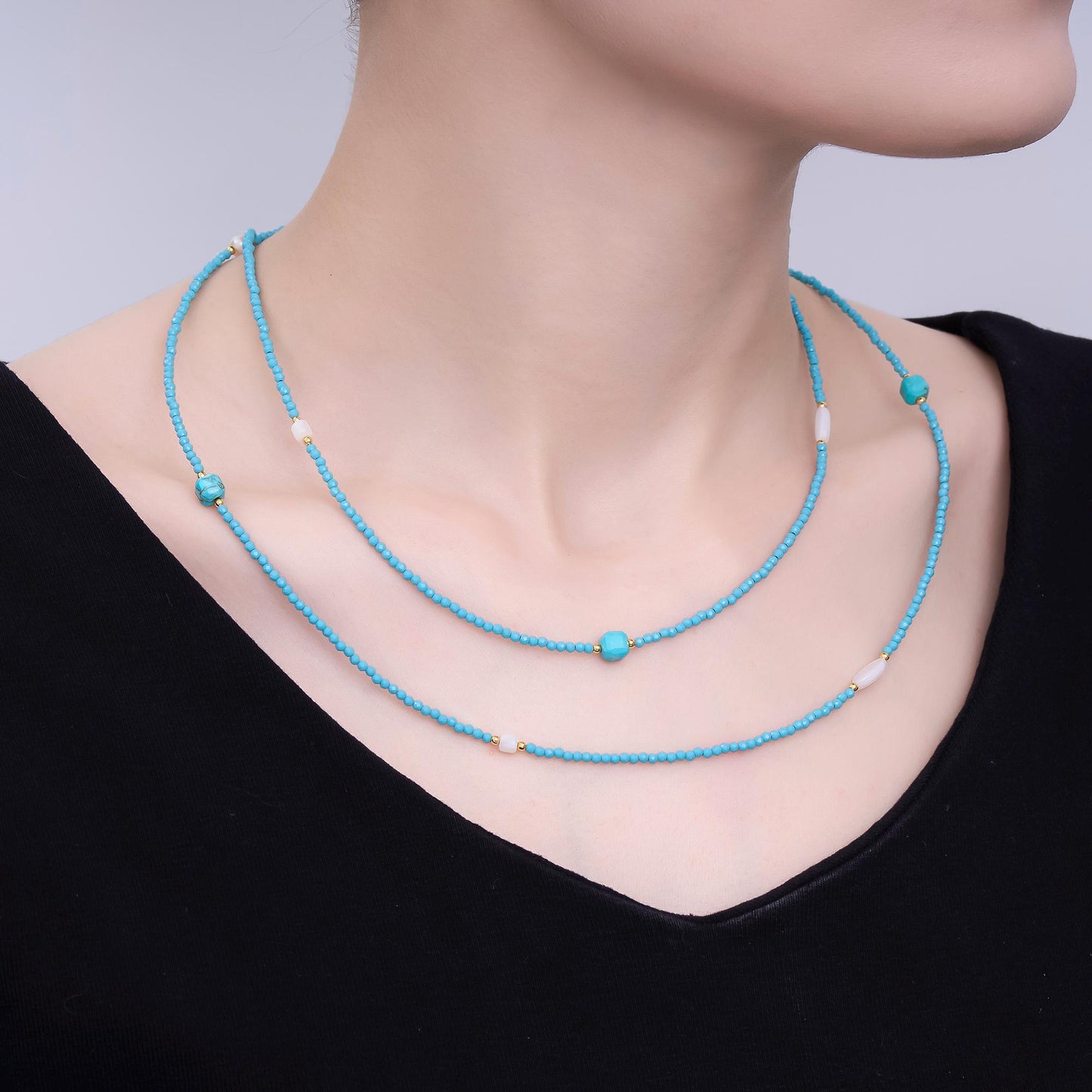 24K Gold Filled Shell Pearl Turquoise Blue Multifaceted Gemstone 40 Inches Necklace | WA-3080