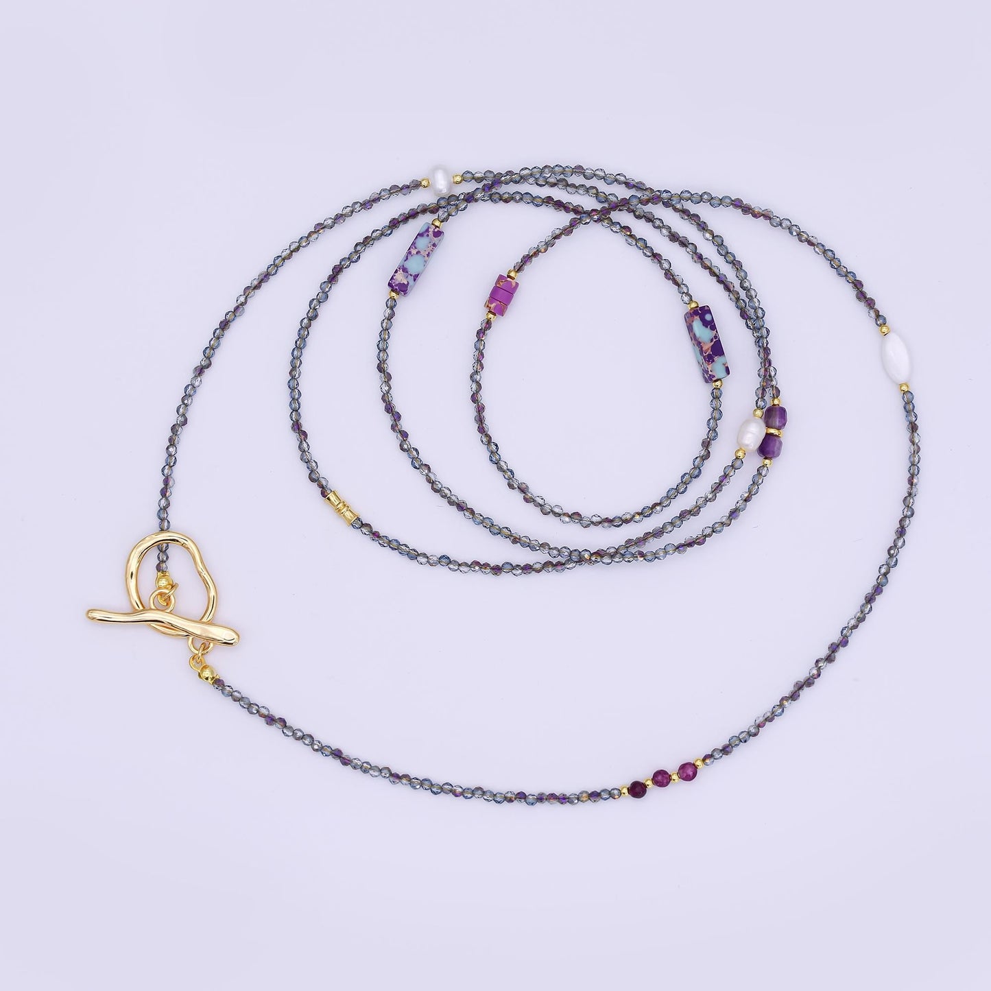 24K Gold Filled Shell Pearl Amethyst Jasper Dark Crystal Gemstone 40 Inches Necklace | WA-3083