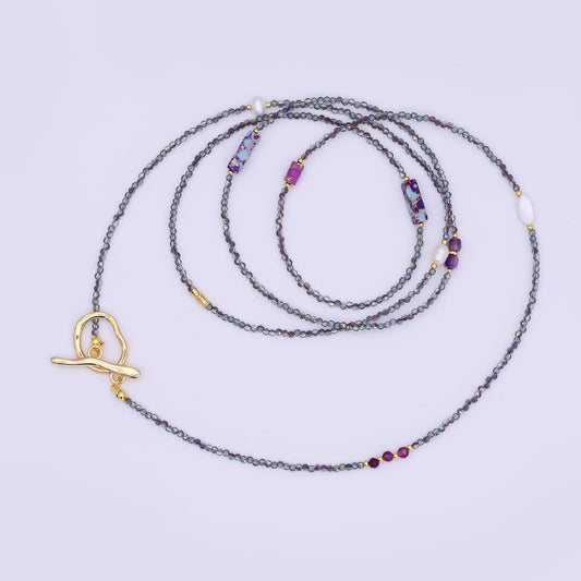 24K Gold Filled Shell Pearl Amethyst Jasper Dark Crystal Gemstone 40 Inches Necklace | WA-3083