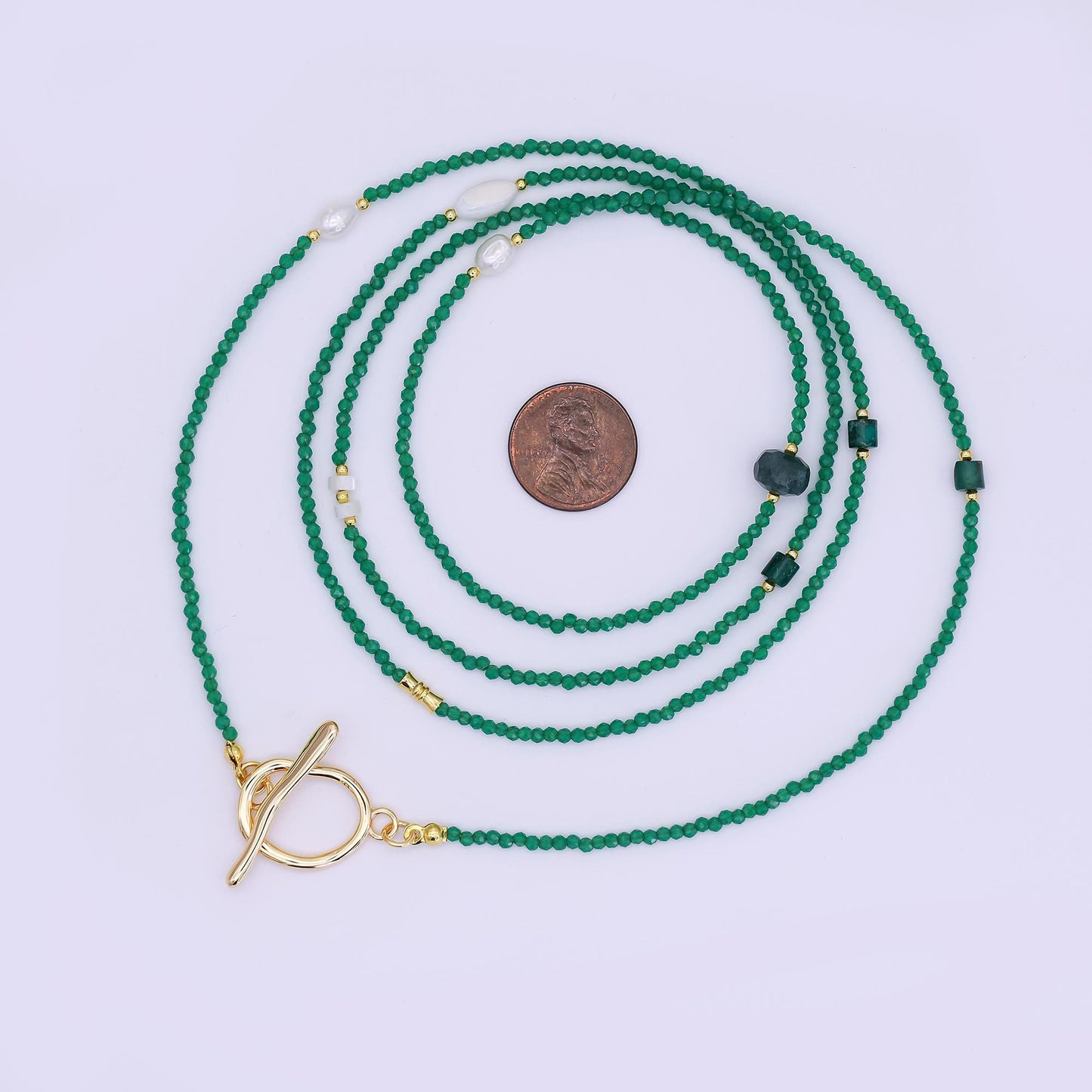 24K Gold Filled Shell Pearl Green Crystal Gemstone 40 Inches Necklace | WA-3084