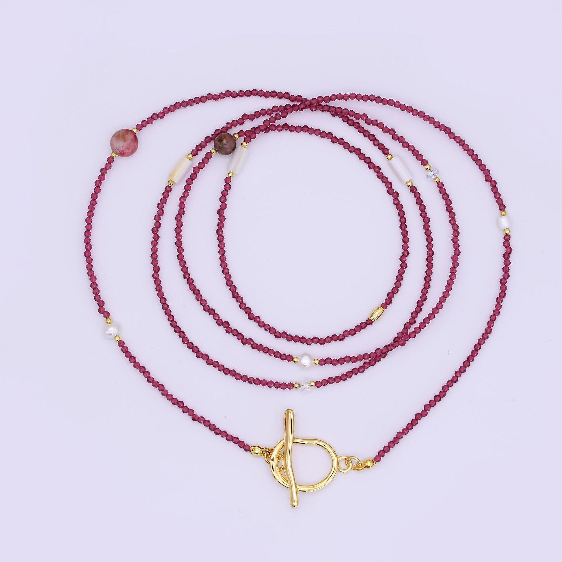 24K Gold Filled Shell Pearl Red Crystal Gemstone 40 Inches Necklace | WA-3075