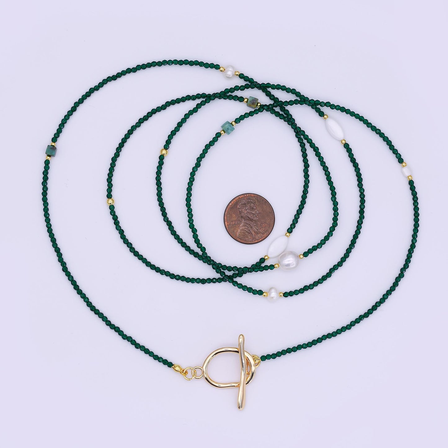 24K Gold Filled 3mm Shell Pearl Green Aventurine Crystal Gemstone 40 Inches Necklace | WA-3086