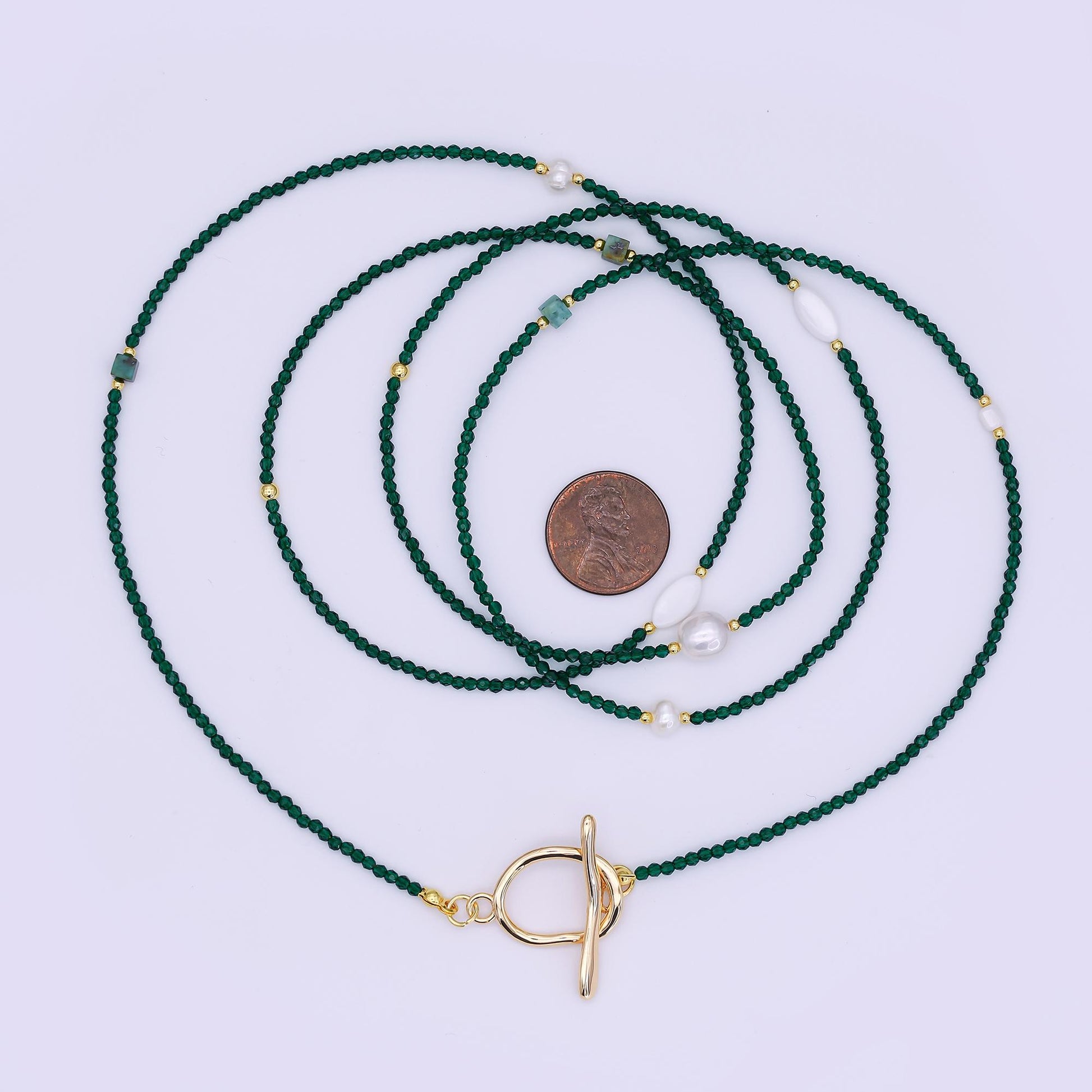 24K Gold Filled 3mm Shell Pearl Green Aventurine Crystal Gemstone 40 Inches Necklace | WA-3086