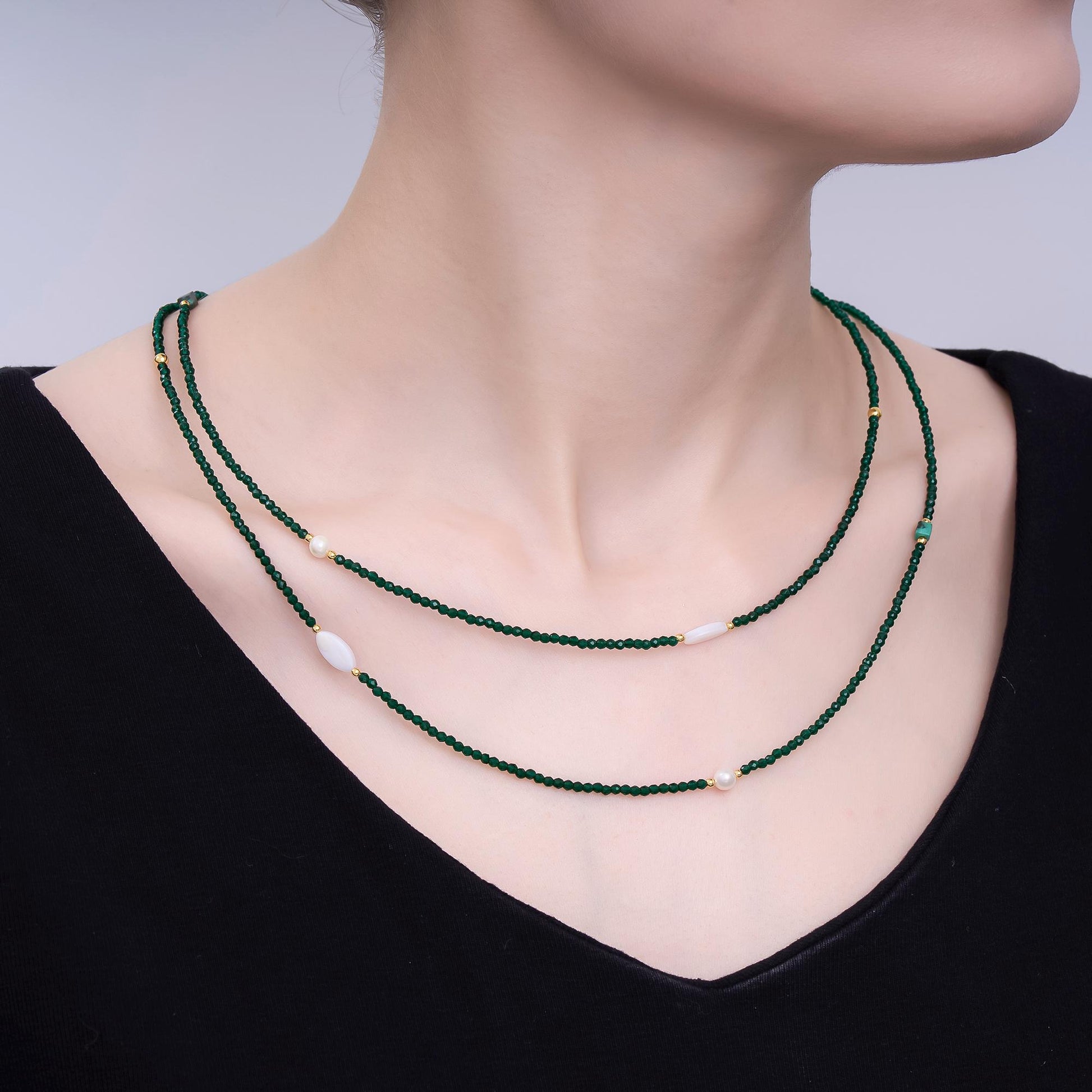 24K Gold Filled 3mm Shell Pearl Green Aventurine Crystal Gemstone 40 Inches Necklace | WA-3086